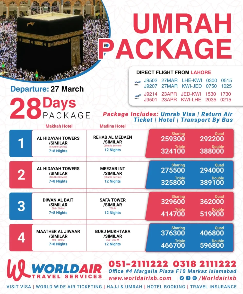 Umrah Package for 28 Days starting from 259300. Departure 27th March with 4 different Packages by world air travel services Islamabad with different hotels.