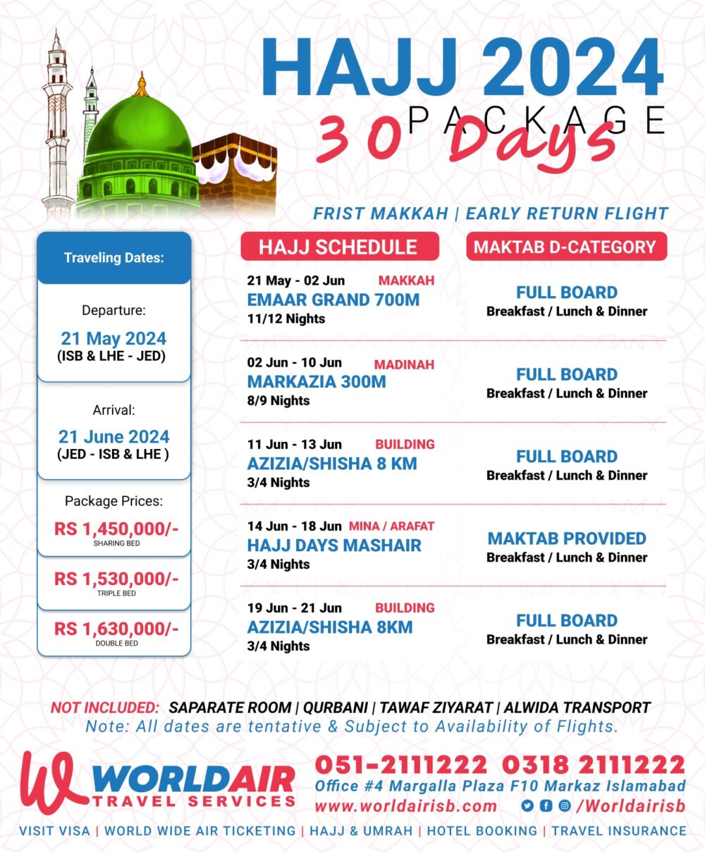 30 Days Package by world air travel services Islamabad departure form 21th May 2024 starting from 216000 PKR