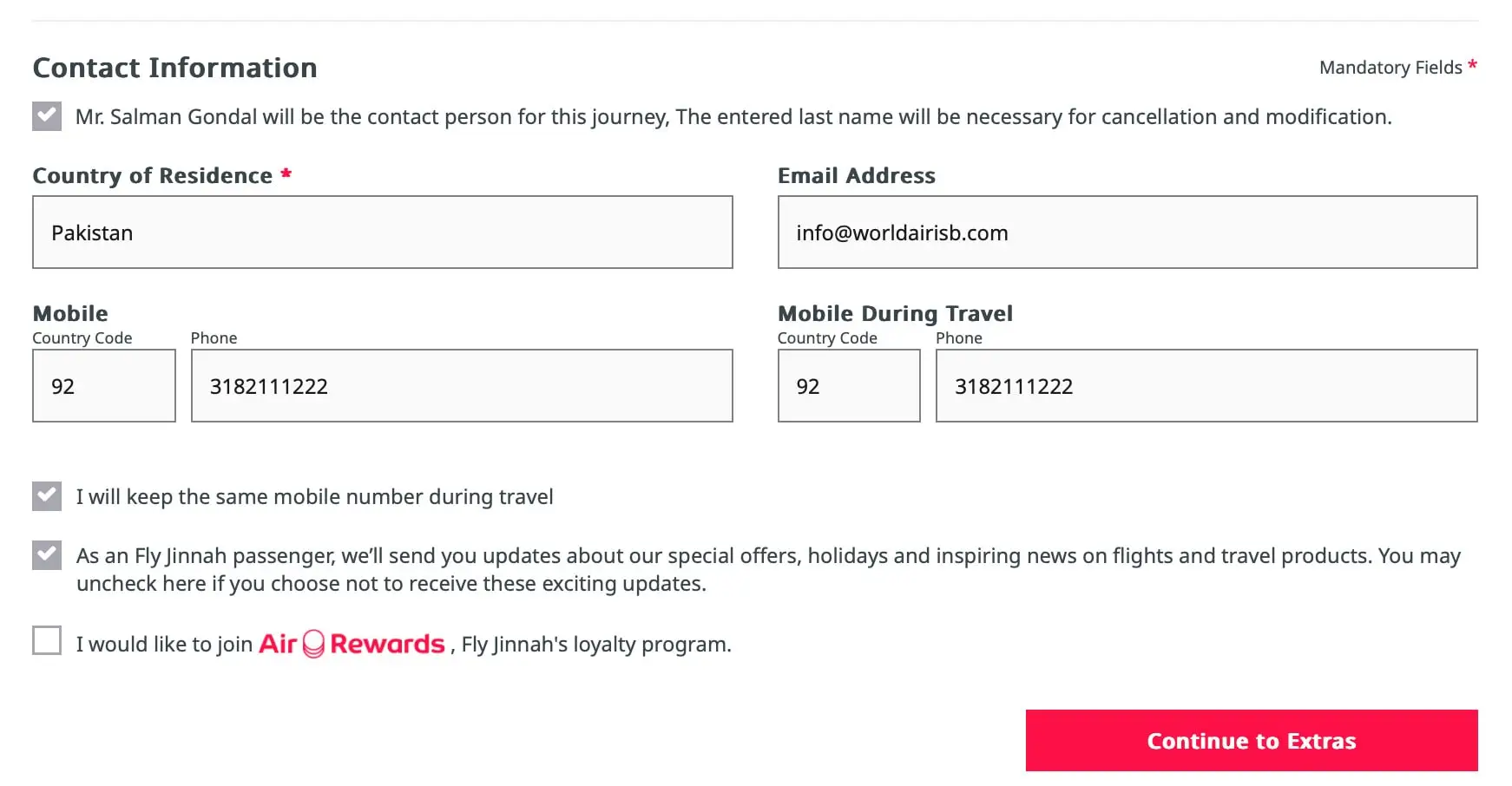 Adding Contact Information on Fly Jinnah Website by world air travel services