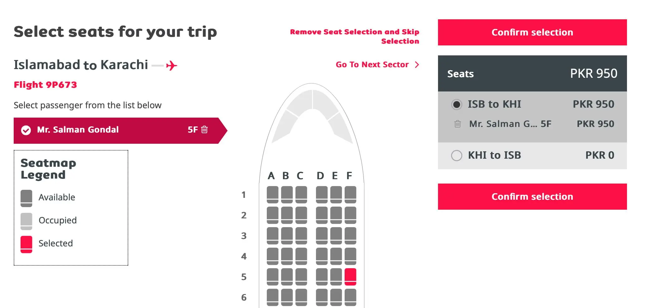 Selecting seats on fly Jinnah flight by world air travel services