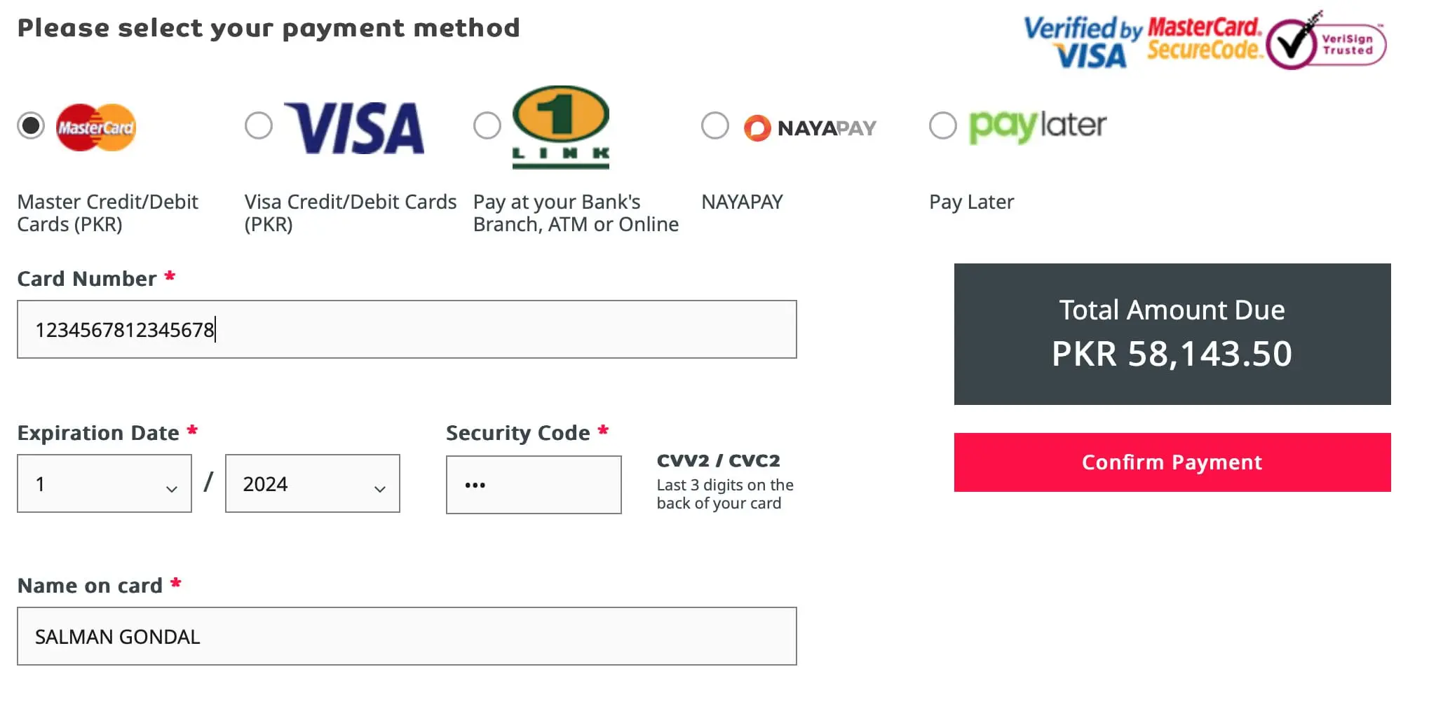 Adding payment method on fly Jinnah website by world air travel services